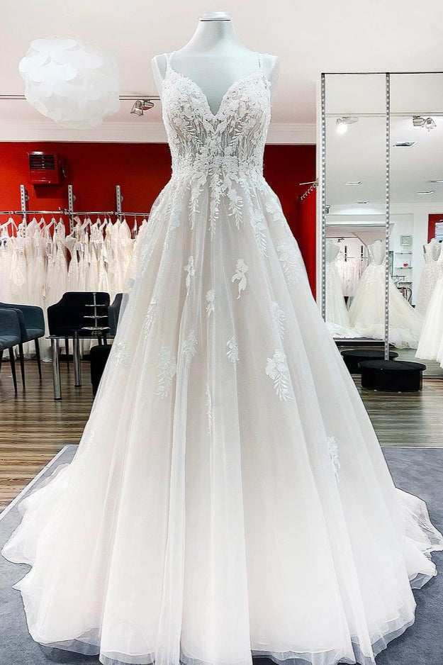 Modest Lace Tulle Wedding Dress with V-Neck and Ruffles-BallBride