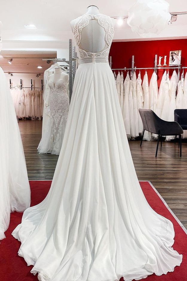Modest Long A-line Chffon Jewel Open Back Wedding Dress with Ruffles Appliques-BallBride
