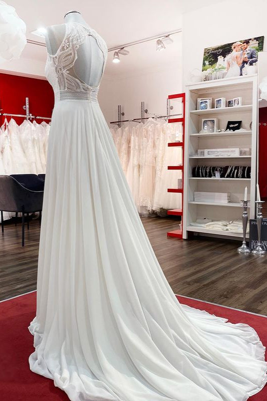 Modest Long A-line Chffon Jewel Open Back Wedding Dress with Ruffles Appliques-BallBride