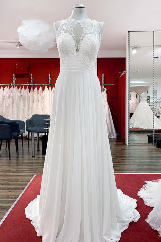 Modest Long A-line Chffon Jewel Open Back Wedding Dress with Ruffles Appliques-BallBride