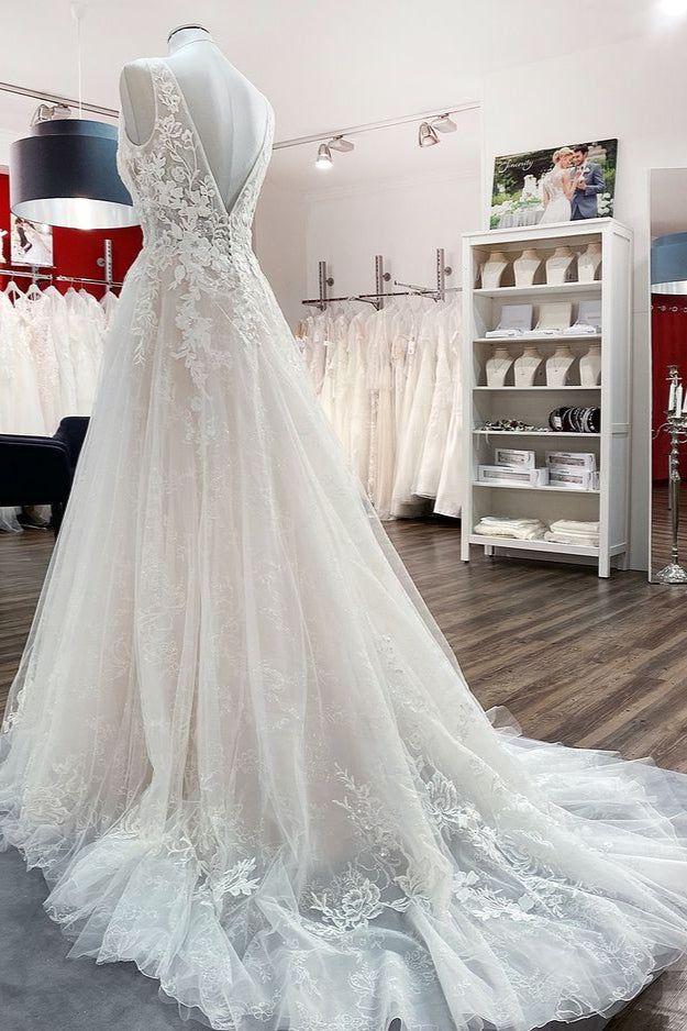 Modest Long A-line Deep V-neck Sleeveless Wedding Dress with Open Back Tulle and Appliques Lace-BallBride