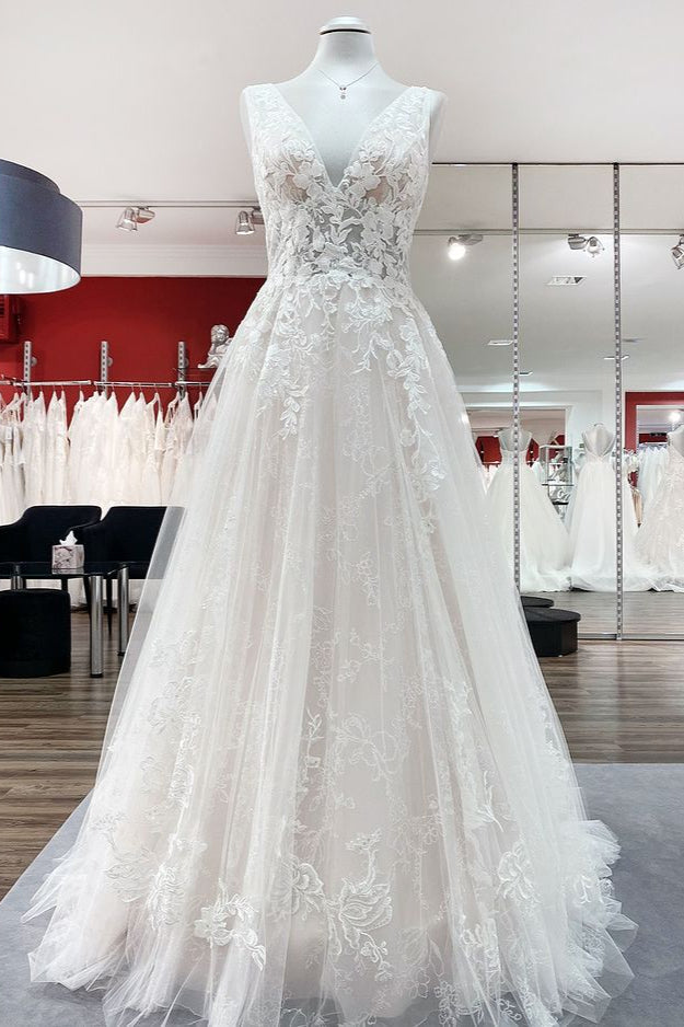 Modest Long A-line Deep V-neck Sleeveless Wedding Dress with Open Back Tulle and Appliques Lace-BallBride