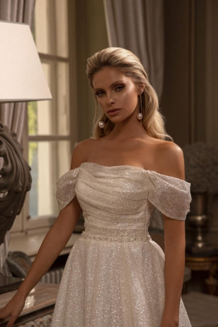 Modest Long A-line Off-the-shoulder Glitter Sleeveless Wedding Dresses-Ballbride