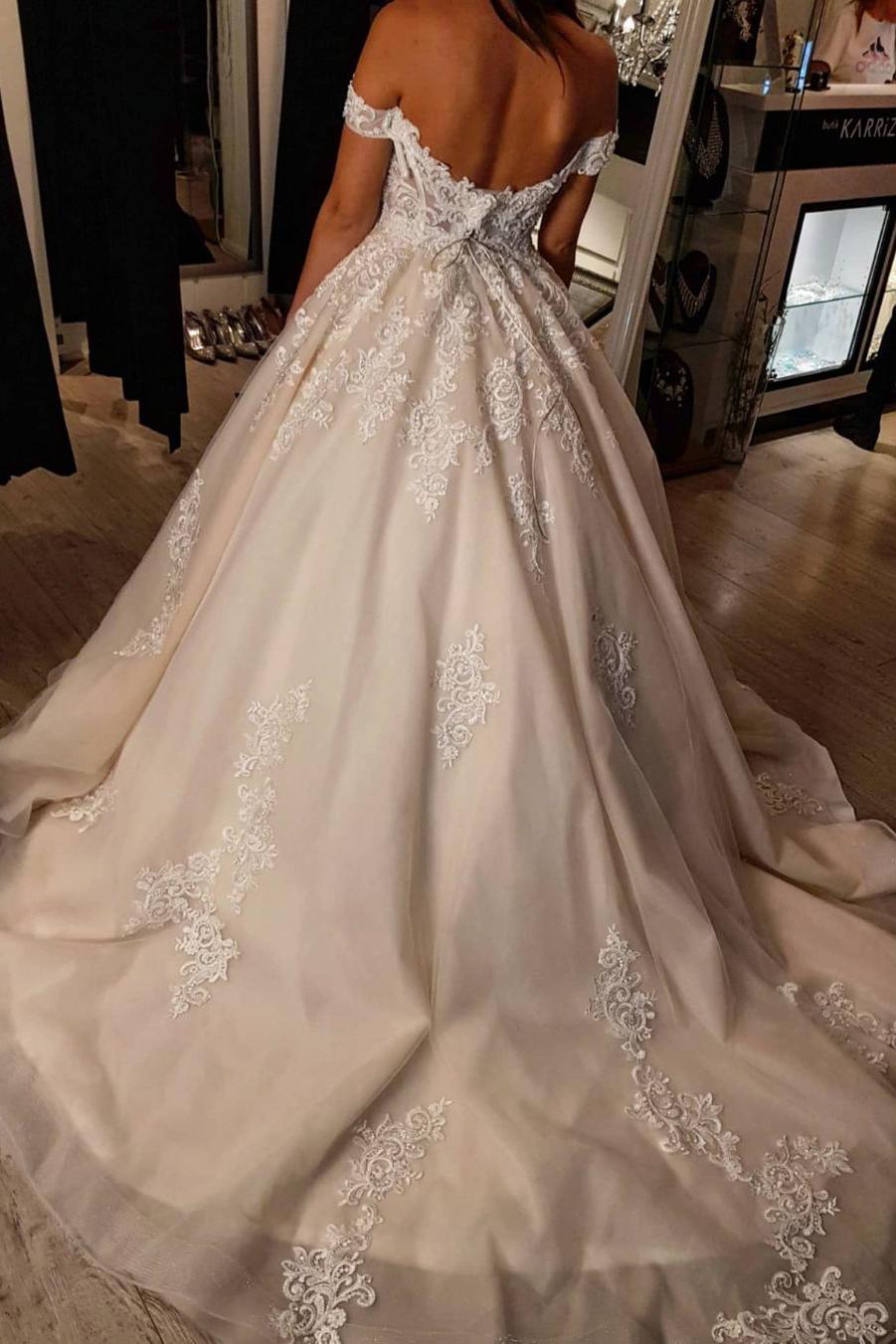 Modest Long A-line Off-The-Shoulder Tulle Princess Wedding Dress With Lace-BallBride