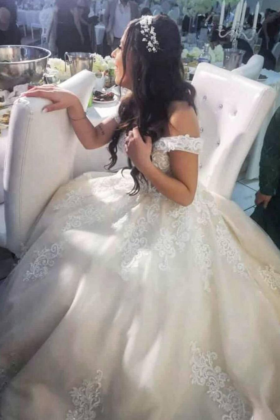 Modest Long A-line Off-The-Shoulder Tulle Princess Wedding Dress With Lace-BallBride