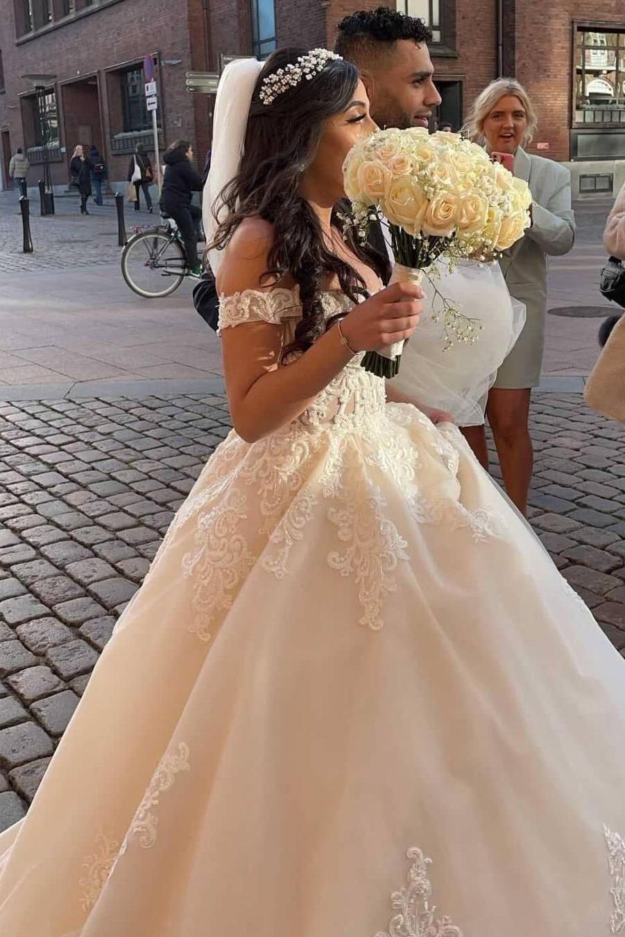Modest Long A-line Off-The-Shoulder Tulle Princess Wedding Dress With Lace-BallBride