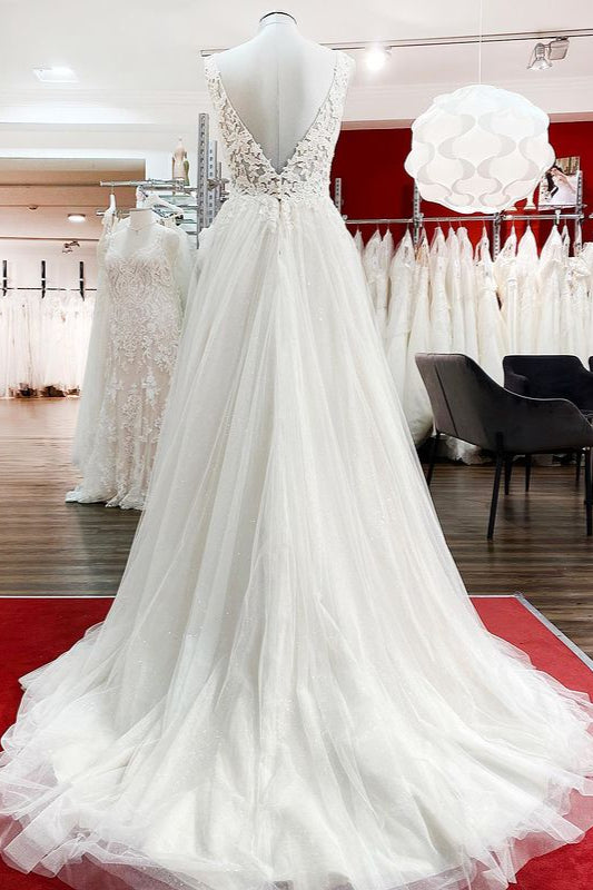Modest Long A-Line V-Neck Tulle Ruffles Backless Wedding Dress With Lace-BallBride