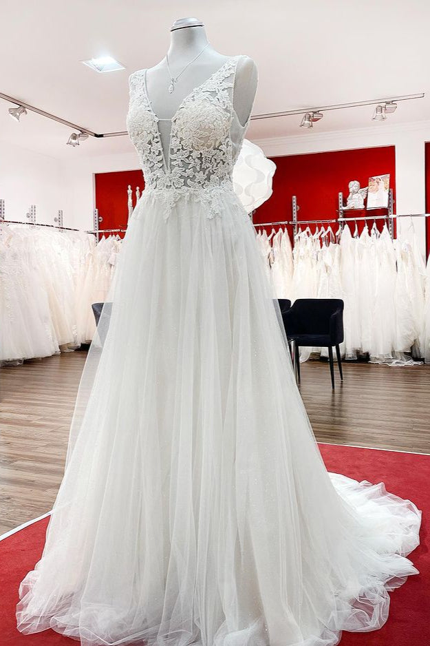Modest Long A-Line V-Neck Tulle Ruffles Backless Wedding Dress With Lace-BallBride