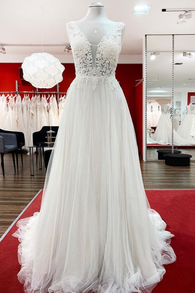 Modest Long A-Line V-Neck Tulle Ruffles Backless Wedding Dress With Lace-BallBride