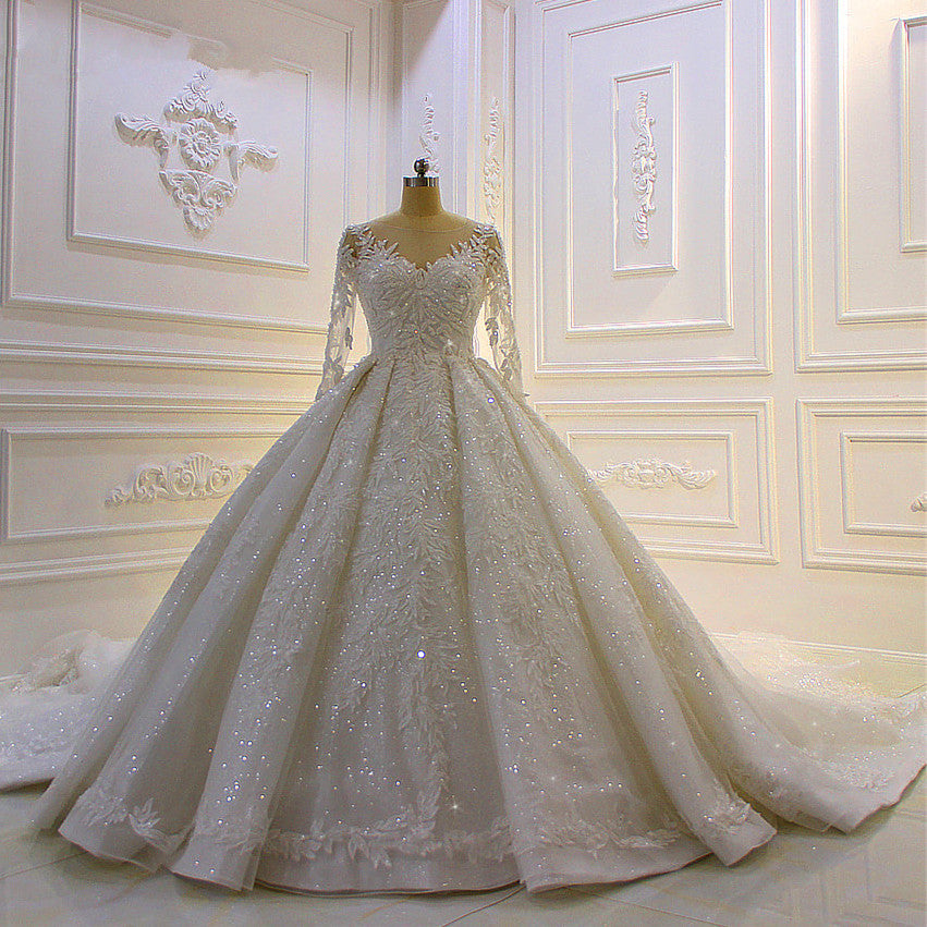 Modest Sleeves Ball Gown Wedding Dress With Lace Appliques and Beading-BallBride