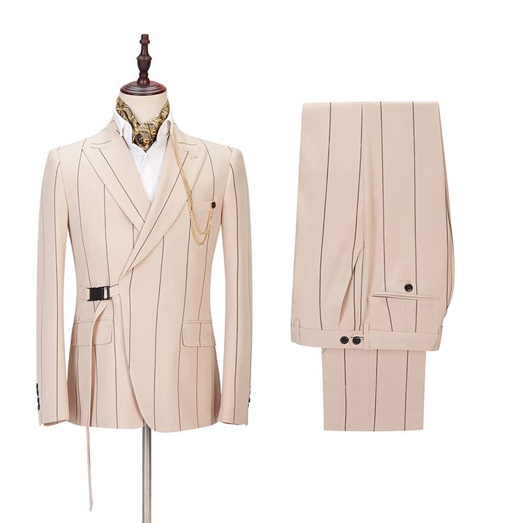Morden Bespoke Light Champagne Suit w/ Striped Reception Peaked Lapel-BallBride