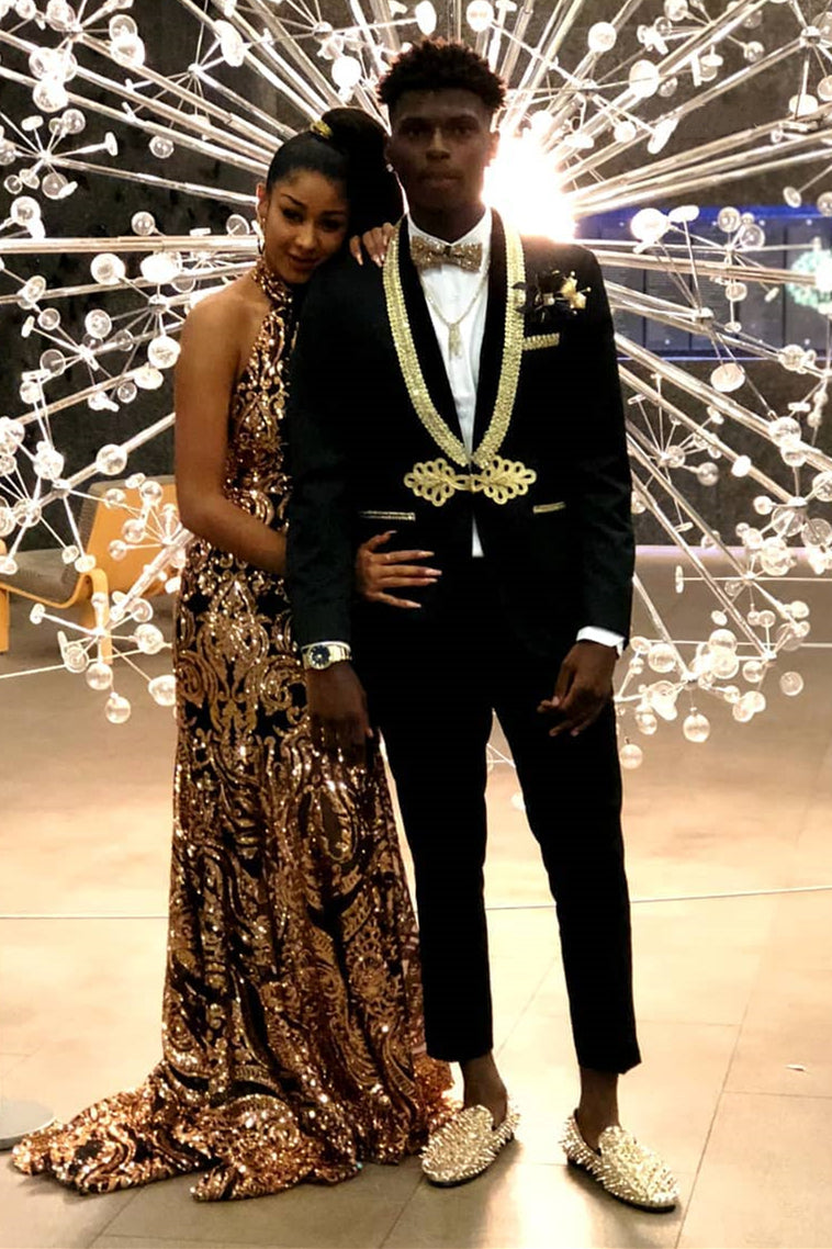 Morden Black Man's Suits With Gold Lapel Knitted Button Party Bespoke Prom-BallBride