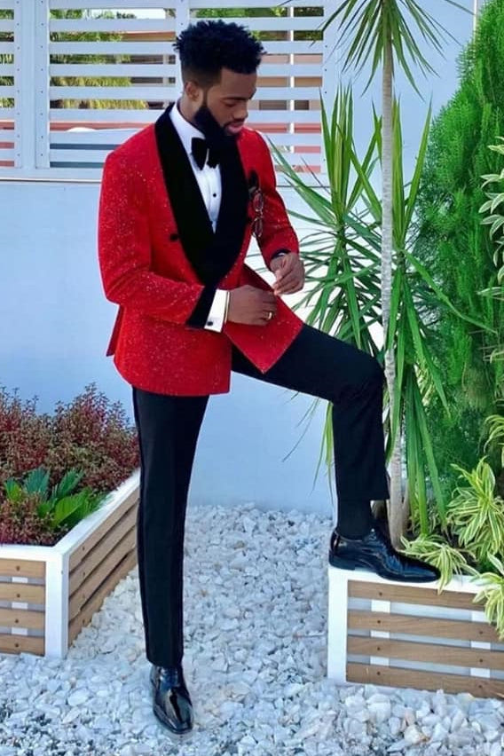 Morden Black Wedding Suit for Groom with Velvet Lapel and Sparkle Red-BallBride