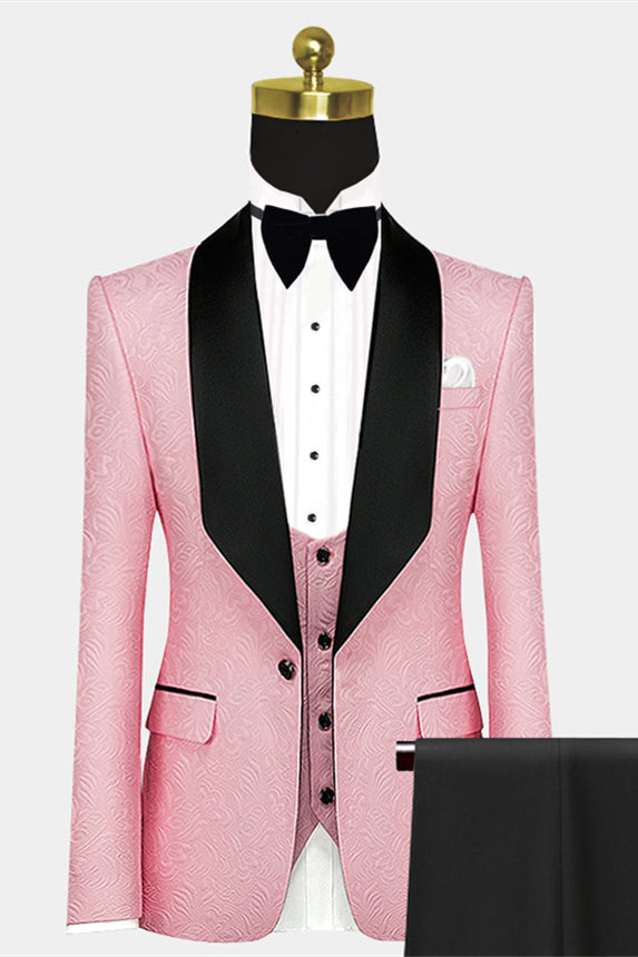 Morden Pink Morning Suit Wedding Black Satin Lapel With Jacquard-BallBride