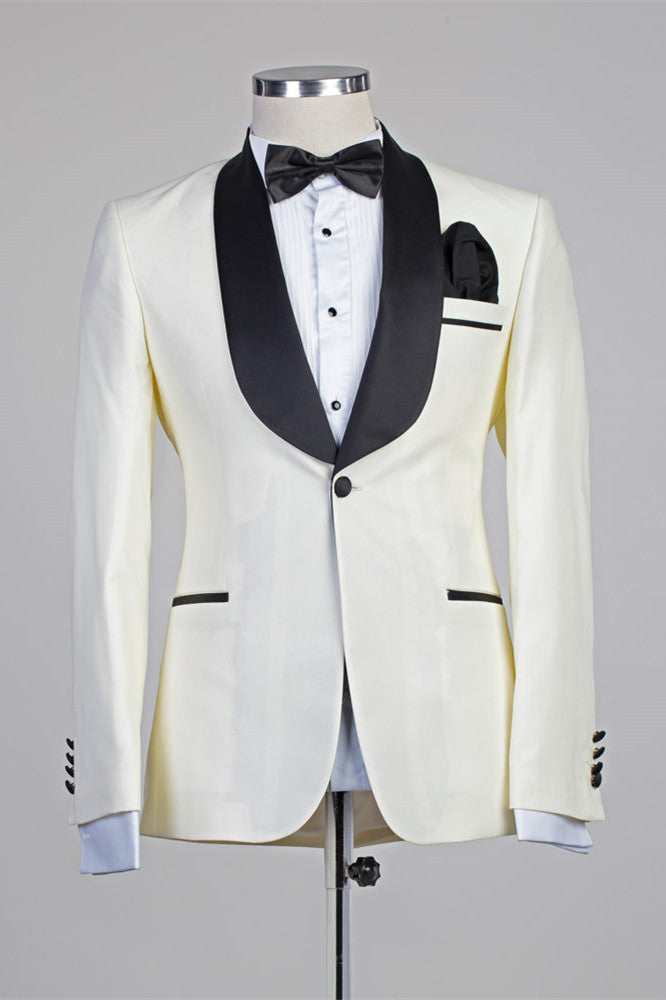 Moses Ivory Simple Slim Fit Wedding Suit with Black Lapel-BallBride