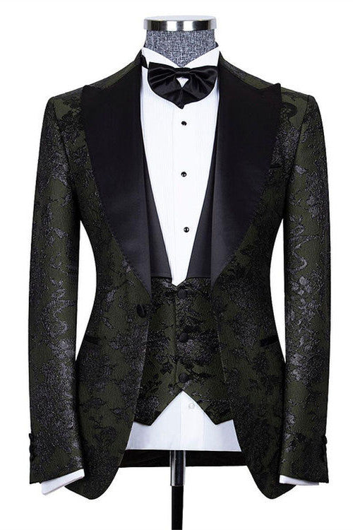 Nathanael Handsome Black 3-Piece Jacquard Peaked Lapel Wedding Groom Suit Online-BallBride