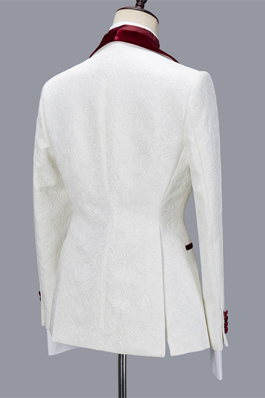 Nathanael White Jacquard Velvet Lapel 3 Piece Wedding Groom Suit-BallBride