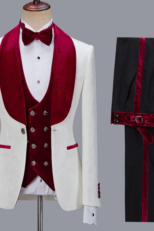 Nathanael White Jacquard Velvet Lapel 3 Piece Wedding Groom Suit-BallBride
