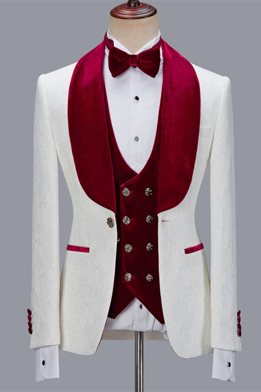 Nathanael White Jacquard Velvet Lapel 3 Piece Wedding Groom Suit-BallBride