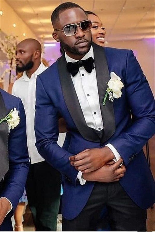Navy Blue 3-Piece Wedding Suit for Men's Party with Black Shawl Lapel-BallBride