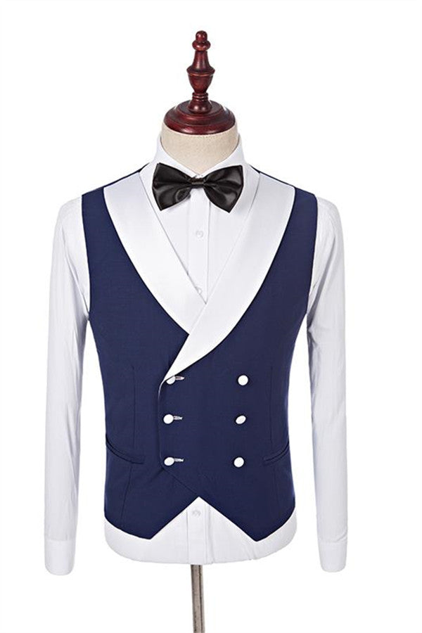 Navy Blue Groomsmen White Shawl Lapel One Button Wedding Tailcoat Three Pieces-BallBride