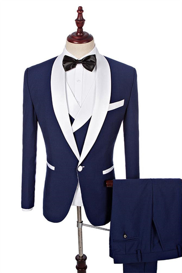 Navy Blue Groomsmen White Shawl Lapel One Button Wedding Tailcoat Three Pieces-BallBride
