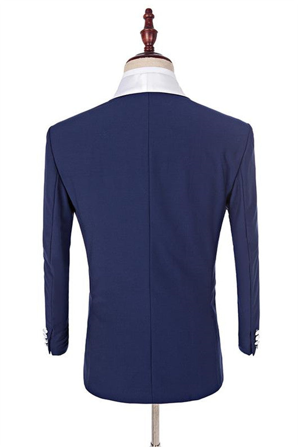 Navy Blue Groomsmen White Shawl Lapel One Button Wedding Tailcoat Three Pieces-BallBride