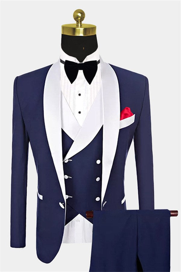 Navy Blue Groomsmen White Shawl Lapel One Button Wedding Tailcoat Three Pieces-BallBride