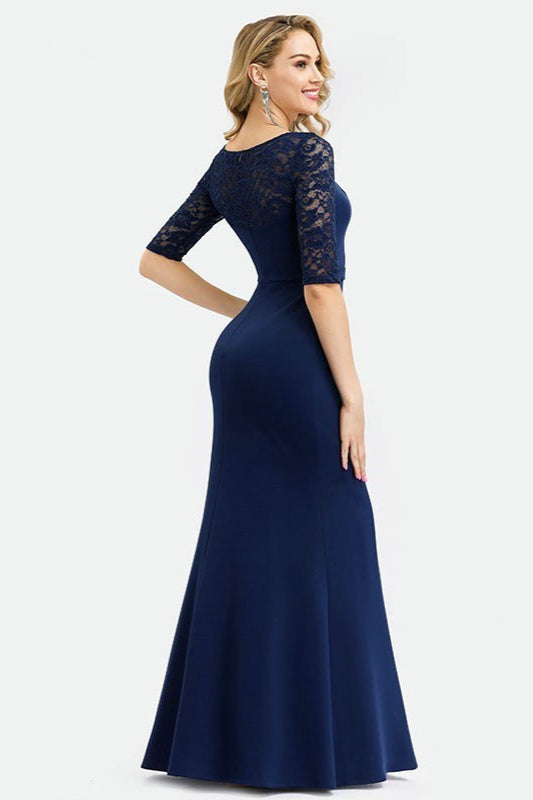 Navy Blue Half Sleeve Lace Mermaid Long Evening Gown-BallBride