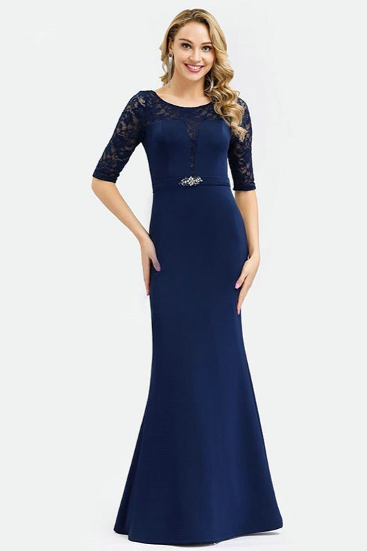 Navy Blue Half Sleeve Lace Mermaid Long Evening Gown-BallBride