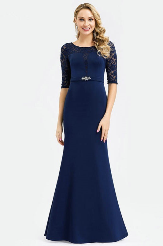 Navy Blue Half Sleeve Lace Mermaid Long Evening Gown-BallBride