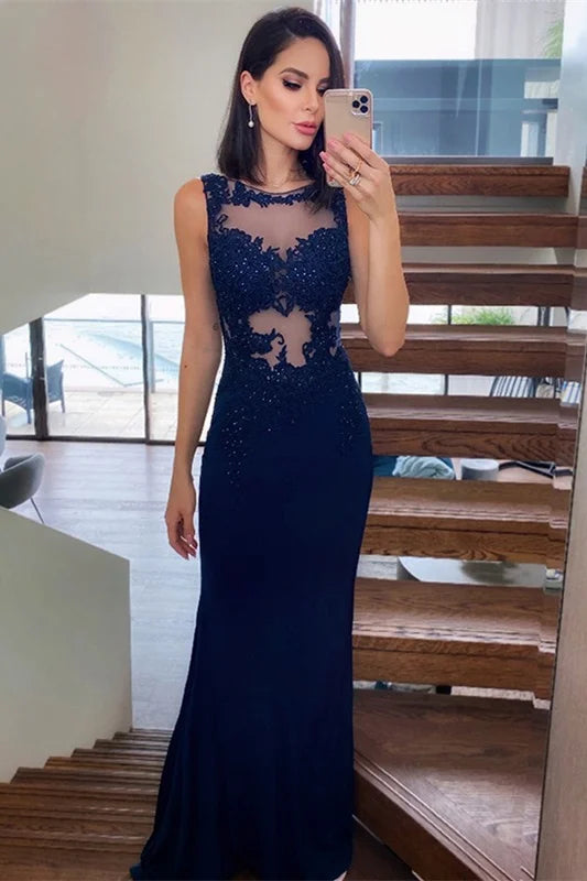 Navy Blue Lace Appliques Mermaid Evening Dress Sleeveless-BallBride