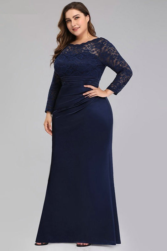 Navy Blue Lace Mermaid Plus Size Evening Prom Dress-BallBride