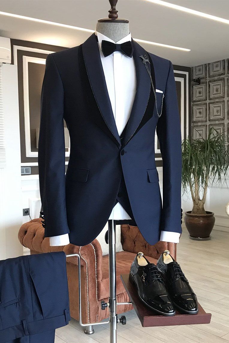 Navy Blue Lapel Shawl With One Button Wedding Suit from Gene Popular-BallBride