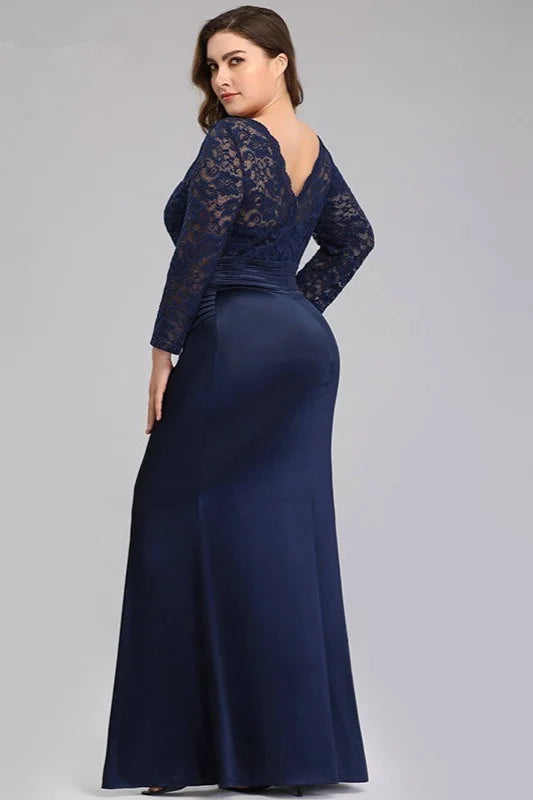 Navy Blue Long Sleeve Lace Mermaid Plus Size Evening Prom Dress-BallBride