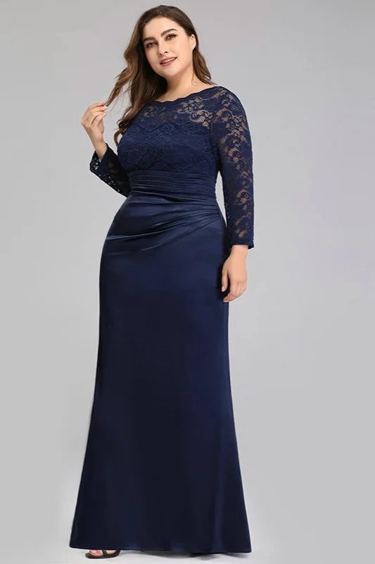 Navy Blue Long Sleeve Lace Mermaid Plus Size Evening Prom Dress-BallBride