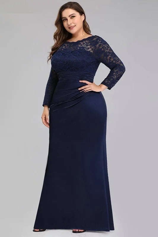 Navy Blue Long Sleeve Lace Mermaid Plus Size Evening Prom Dress-BallBride