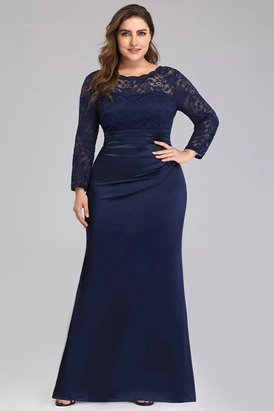 Navy Blue Long Sleeve Lace Mermaid Plus Size Evening Prom Dress-BallBride