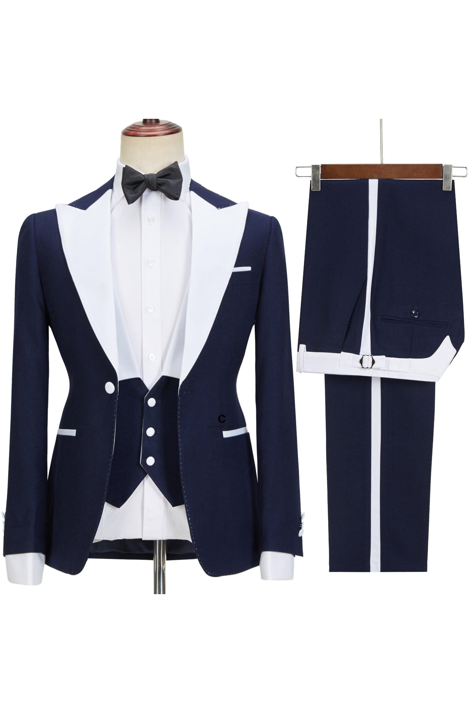 Navy Blue Peaked Lapel Easy Fit Three Pieces Suit for Men by Tyler-BallBride