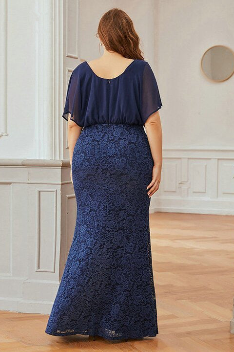 Navy Blue Plus Size Prom Dress with Ruffles Sleeves and Lace-BallBride