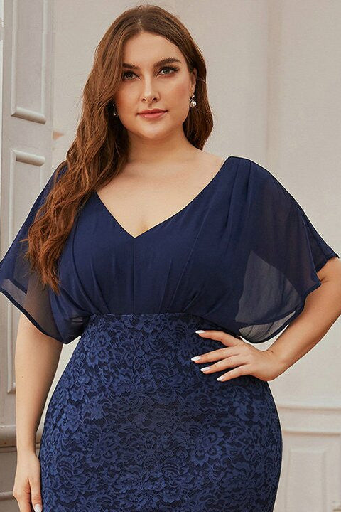 Navy Blue Plus Size Prom Dress with Ruffles Sleeves and Lace-BallBride