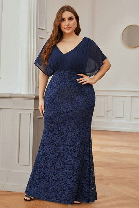 Navy Blue Plus Size Prom Dress with Ruffles Sleeves and Lace-BallBride