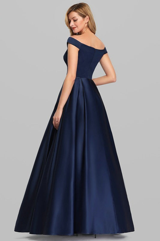 Navy Blue Satin Off-the-Shoulder Long Evening Gown-BallBride