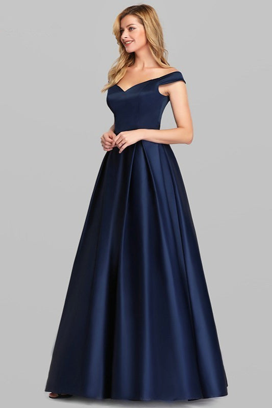 Navy Blue Satin Off-the-Shoulder Long Evening Gown-BallBride