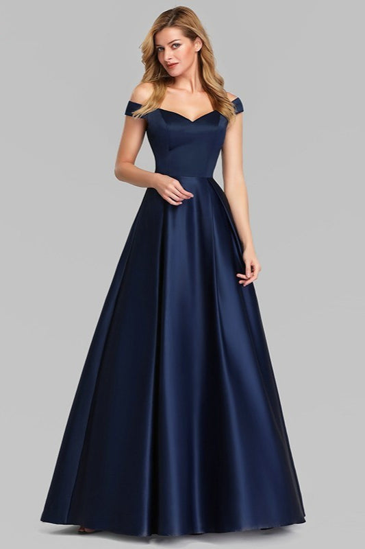 Navy Blue Satin Off-the-Shoulder Long Evening Gown-BallBride