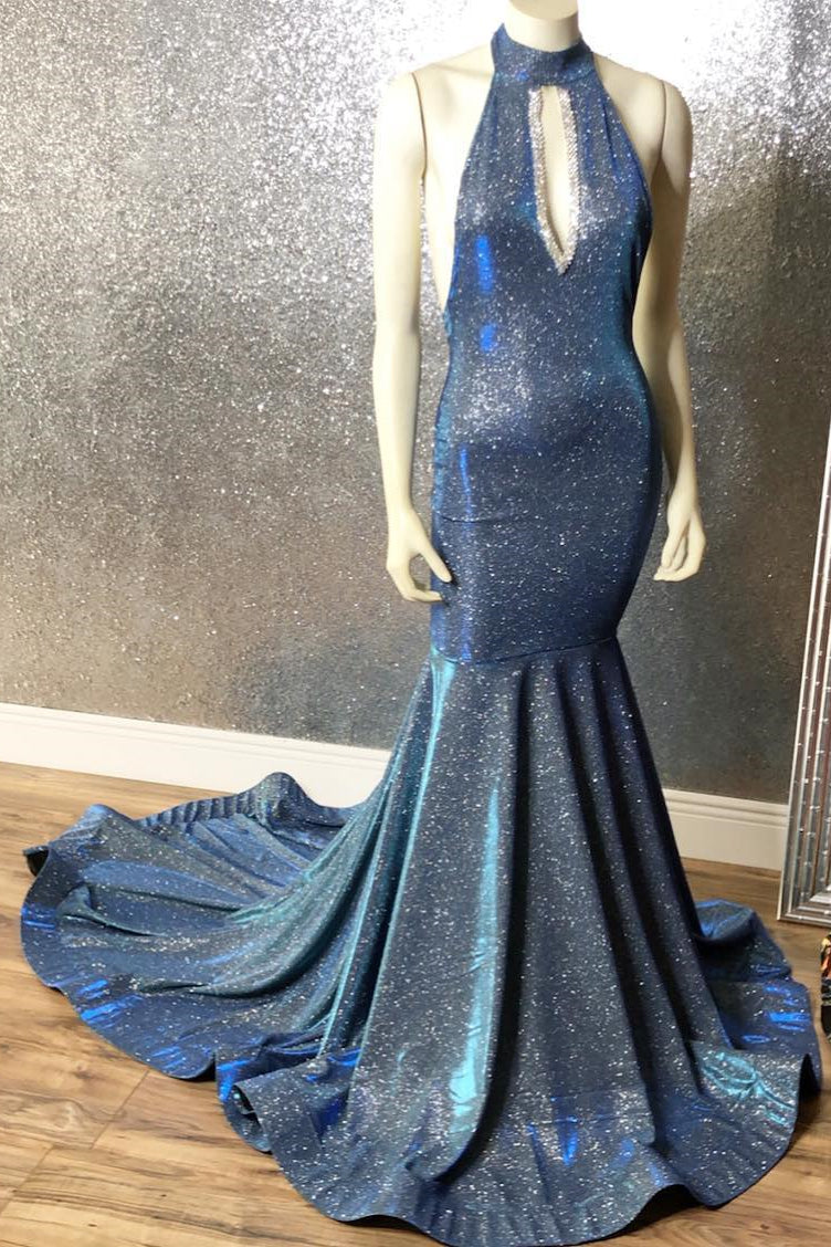 Navy Blue Sequins High Neck Mermaid Prom Dress-BallBride