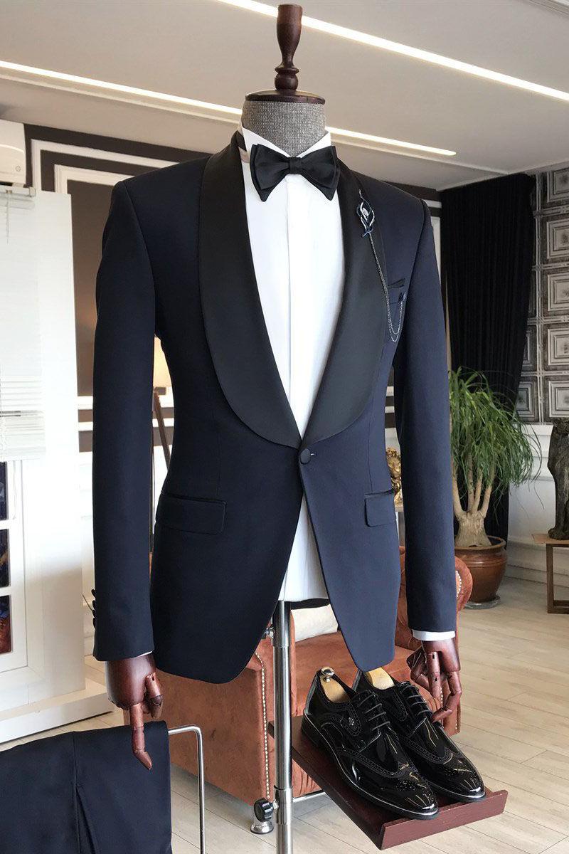 Navy Blue Slim Fit One Button Wedding Suit for Men - Stylish Shawl Lapel 3-Pieces-BallBride
