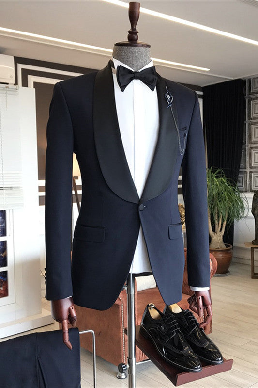 Navy Blue Slim Fit One Button Wedding Suit for Men - Stylish Shawl Lapel 3-Pieces-BallBride
