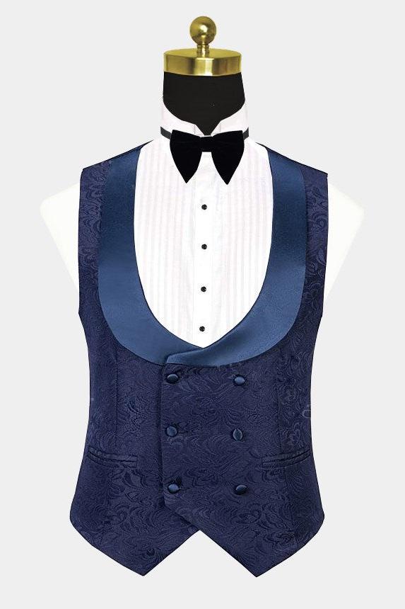 Navy Blue Three-Piece Jacquard Bespoke Tuxedo Online-BallBride