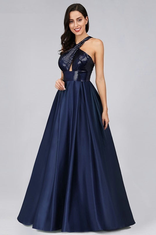 Navy Halter Sequins Prom Dress Long A-Line Evening Gown-BallBride